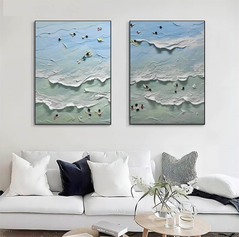 Set Of 2 Blue Sea Beach Shore Canvas Oil Painting For Sale Sea Beach Shore Texture Wall Art