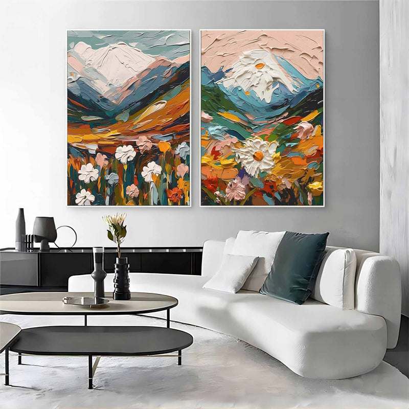 Thick Colorful Abstract Landscape Textured Oil Painting on Canvas Set of 2 flowers oil painting