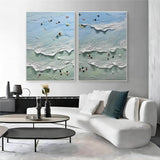 Set Of 2 Blue Sea Beach Shore Canvas Oil Painting For Sale Sea Beach Shore Texture Wall Art