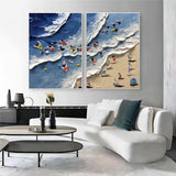 Large Seaside Beach Canvas Oil Painting Set of 2 Wave Beach Texture Wall Paintings For Sale