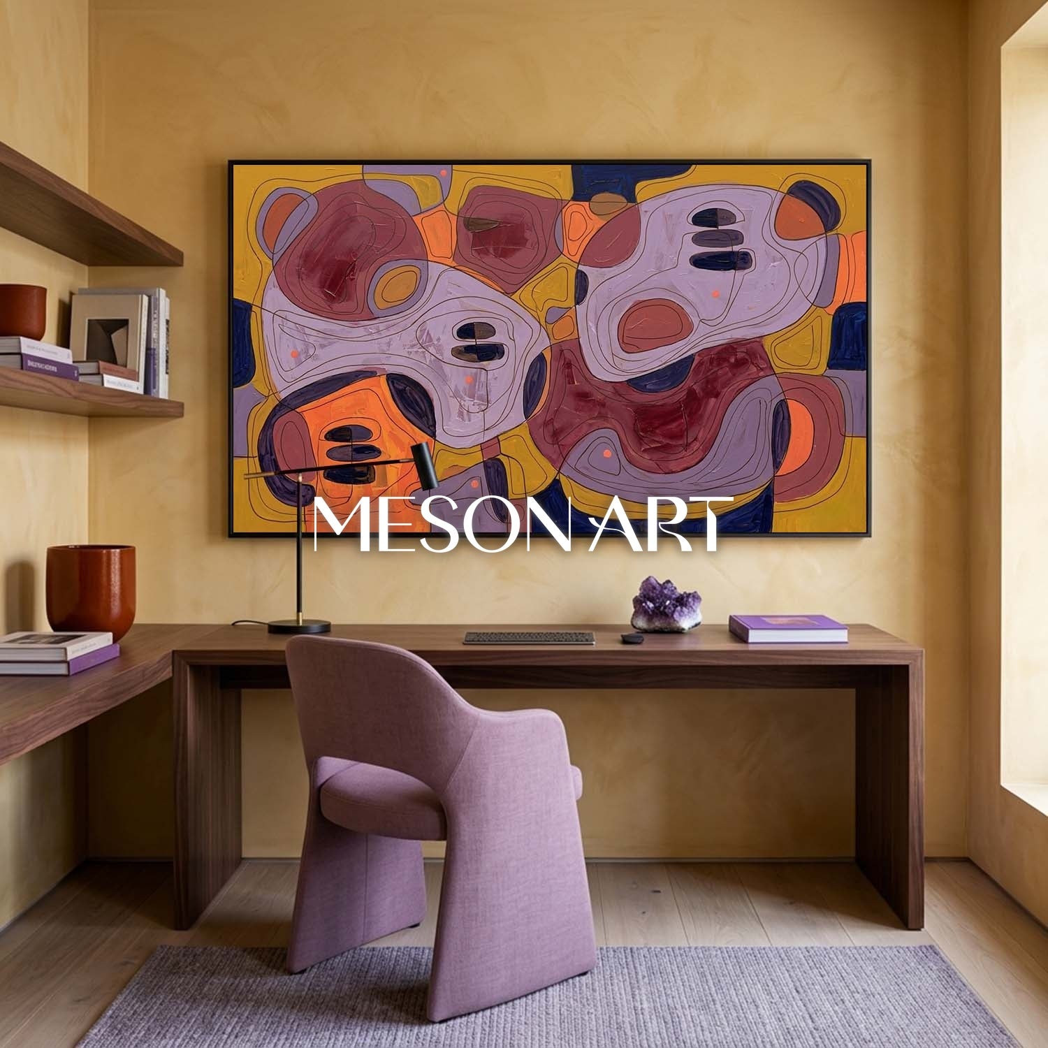 Contemporary Abstract Painting With Amber And Violet Tones For Modern Living Room Decor