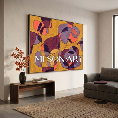 Contemporary Abstract Oil Painting With Amber And Violet Hues For Modern Living Room Decor