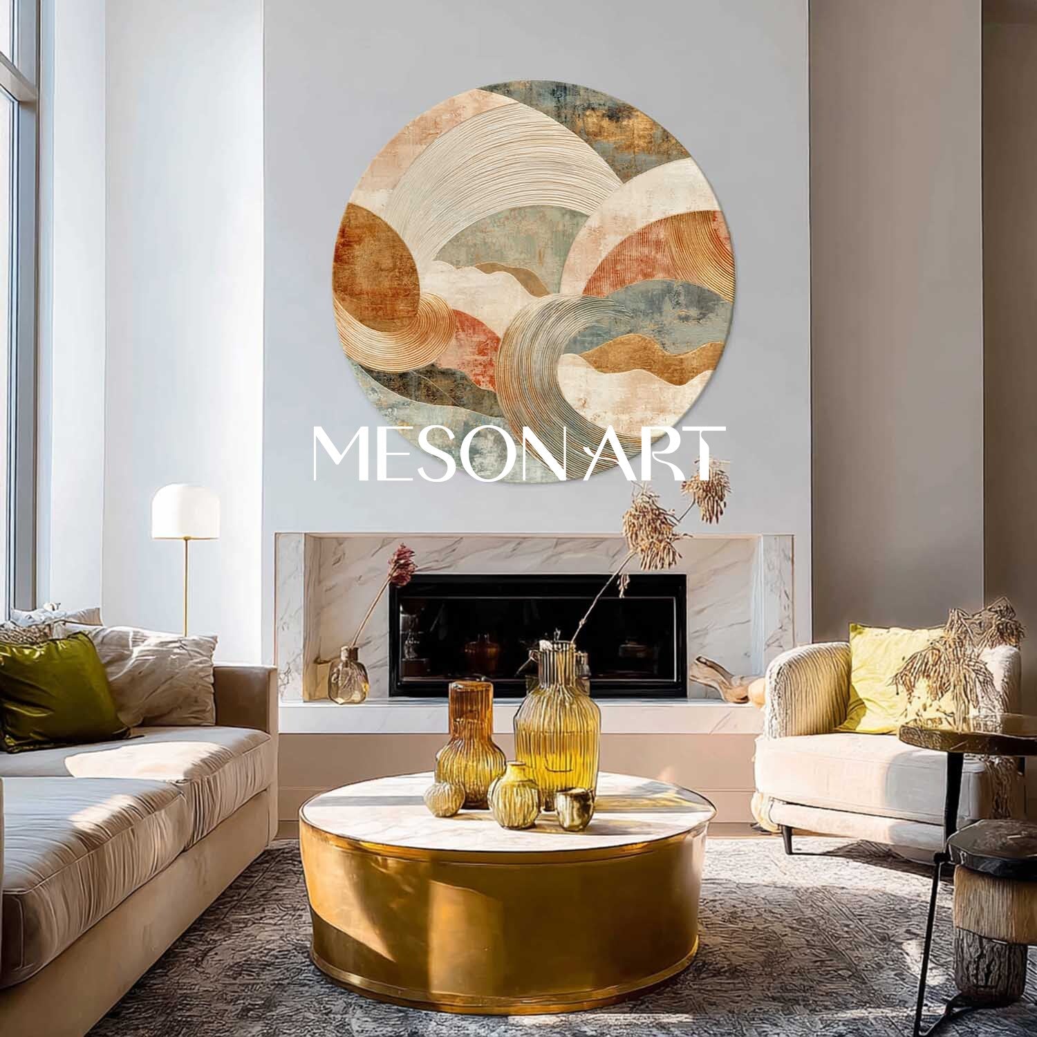 Earthy Tone Wave Abstract Round Canvas – Beige & Green Textured Canvas
