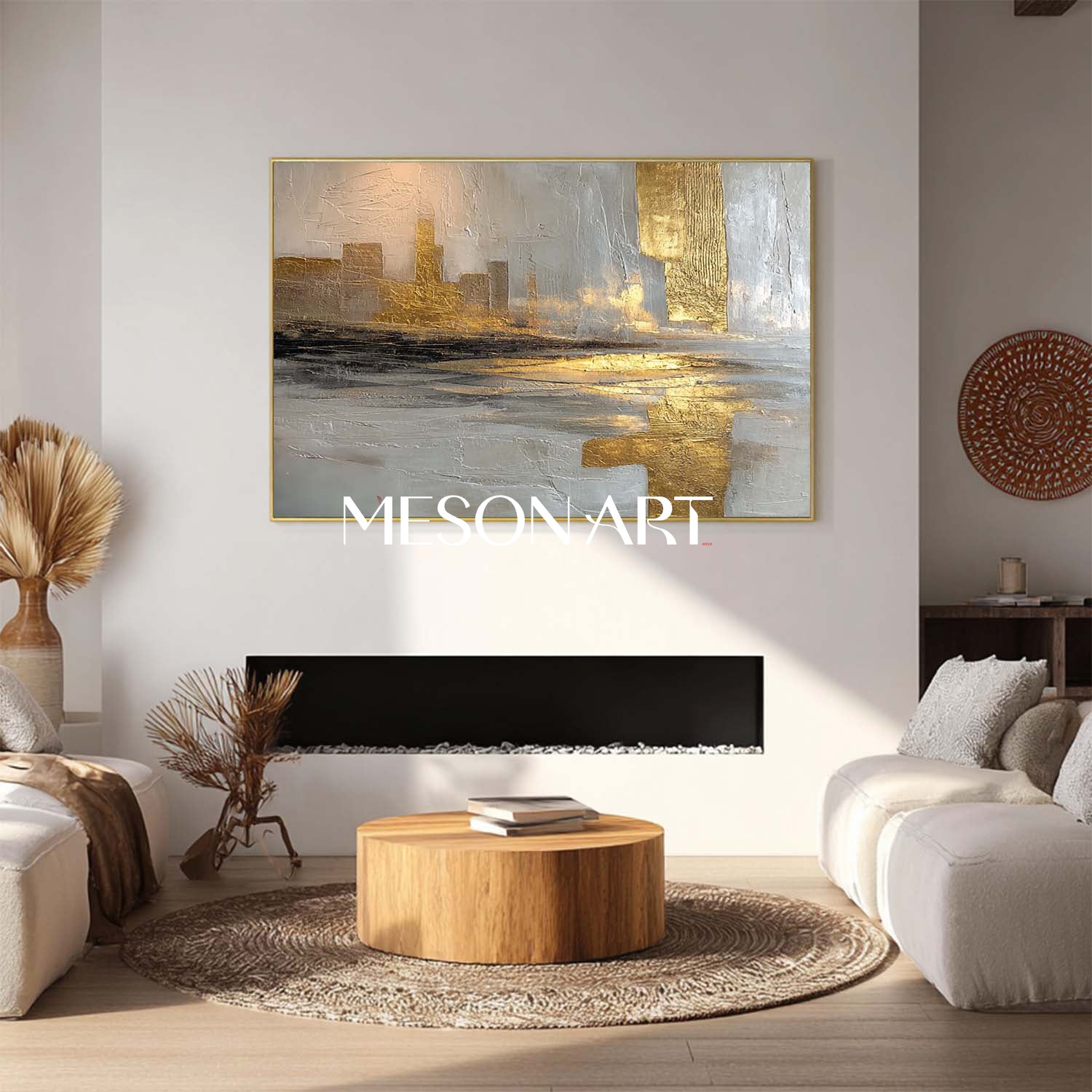 Textured Surreal City Skyline Painting Contemporary Gold-Accented Canvas Art