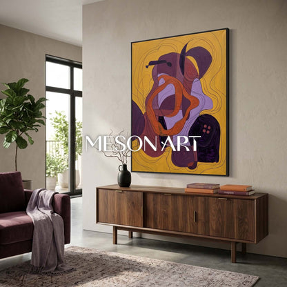 Contemporary Abstract Oil Painting With Gold And Purple Hues For Modern Living Room Decor