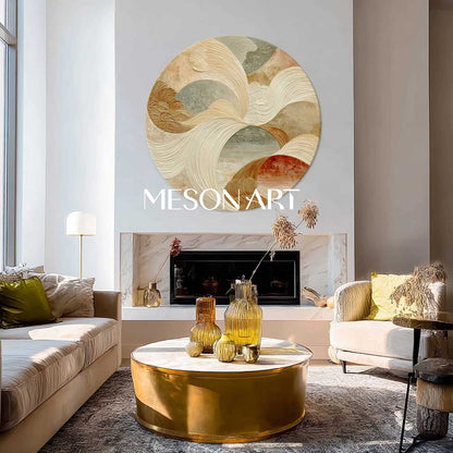 Modern Round Abstract Wall Art – Beige & Gold Textured Wave-Inspired Art