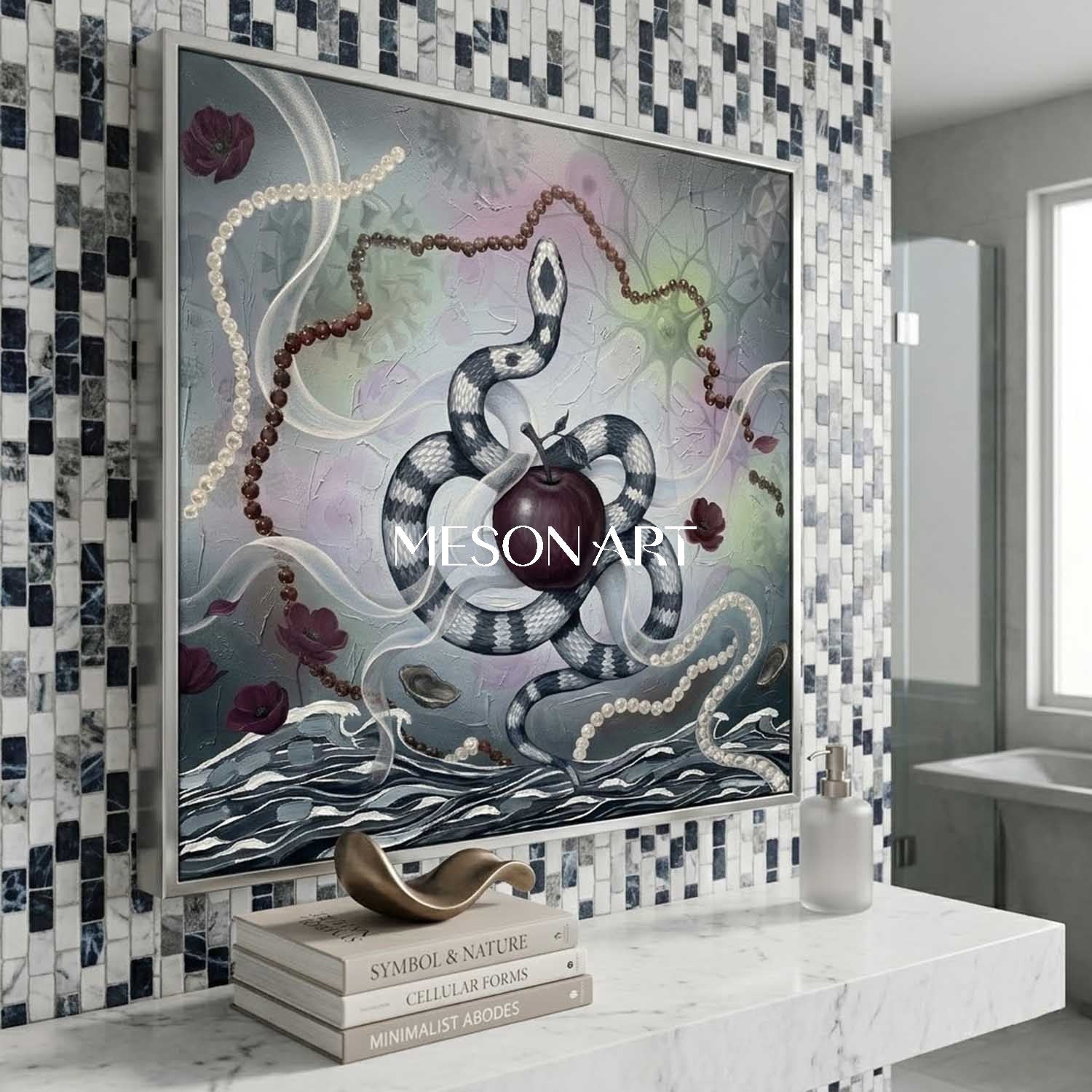 Original Surrealist Snake Oil Painting Apple Framed Wall Art Bathroom