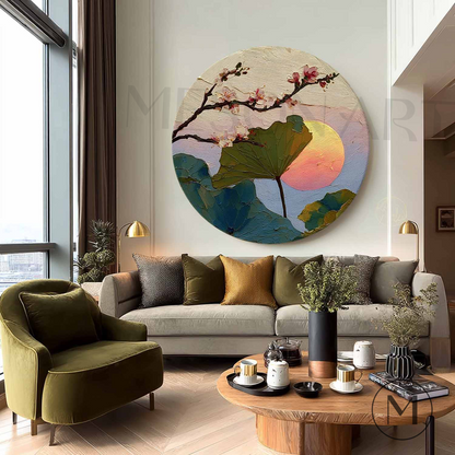 Sunset Bloom Round Wall Art – Handcrafted Landscape Floral Canvas in Asian-Inspired Design