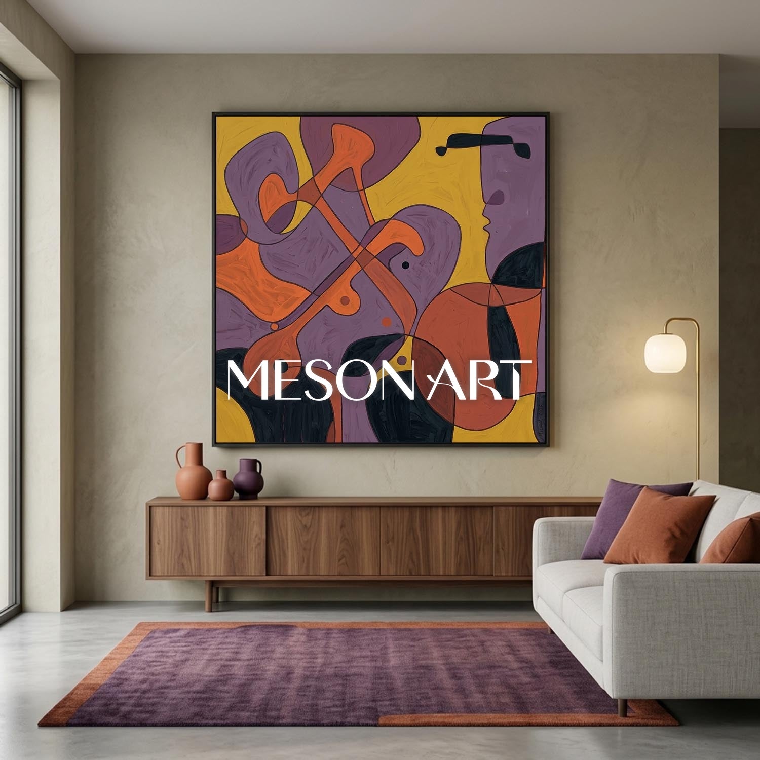 Contemporary Abstract Art With Violet And Amber Tones For Modern Living Rooms