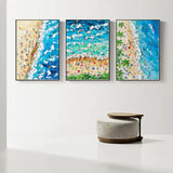 Blue Wave Beach Painting Set of 3 Summer Seaside Holiday Canvas Art Blue Sea Beach Texture Wall Art