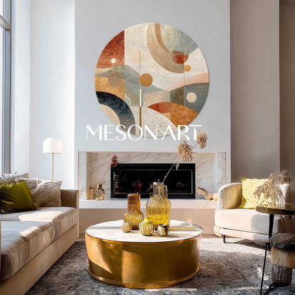 Beige, Blue & Terracotta Abstract Round Canvas – Modern Wall Art