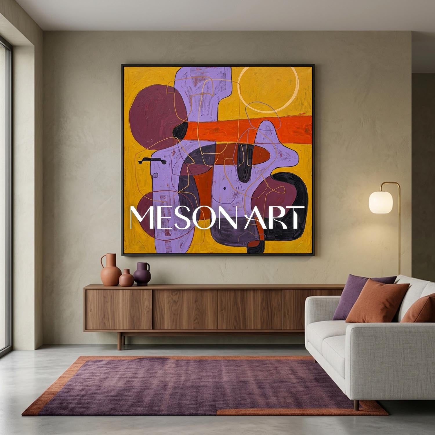 Contemporary Abstract Art With Yellow And Purple For Modern Home Decor