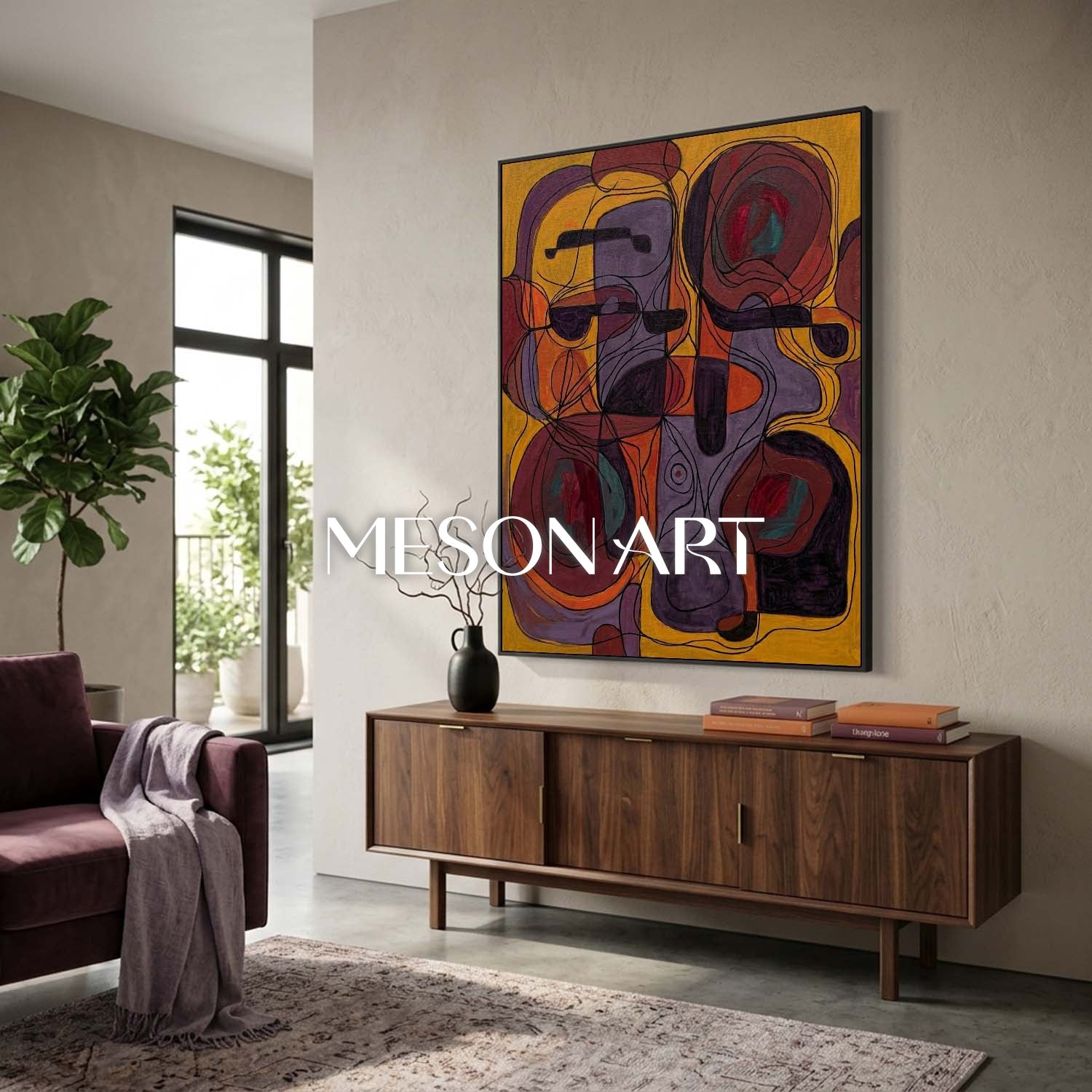 Contemporary Abstract Painting With Golden And Purple Hues For Modern Living Room Decor