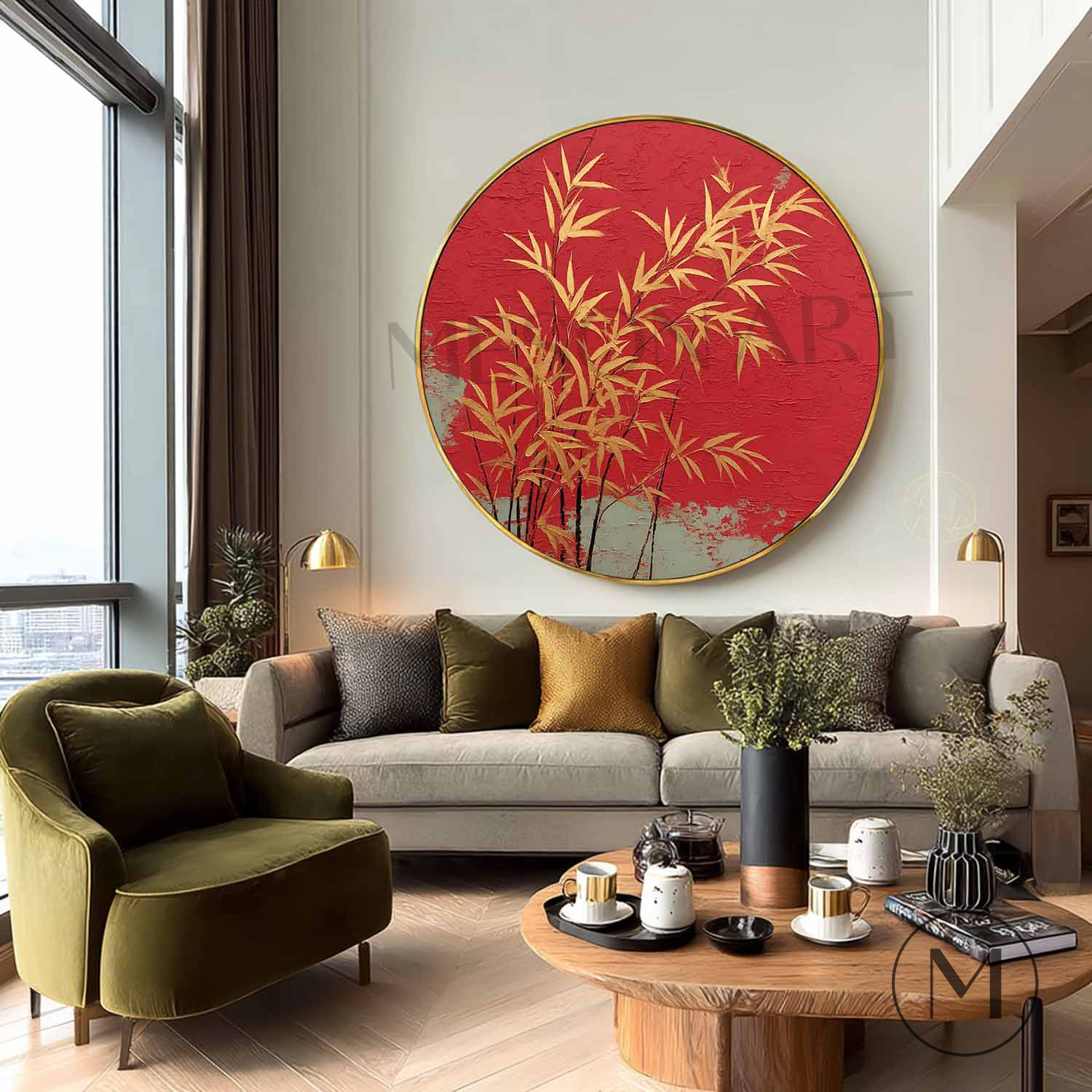 Luxury Round Wall Art with Bamboo Oriental Minimalist Zen Gold Bamboo on Red Textured Canvas
