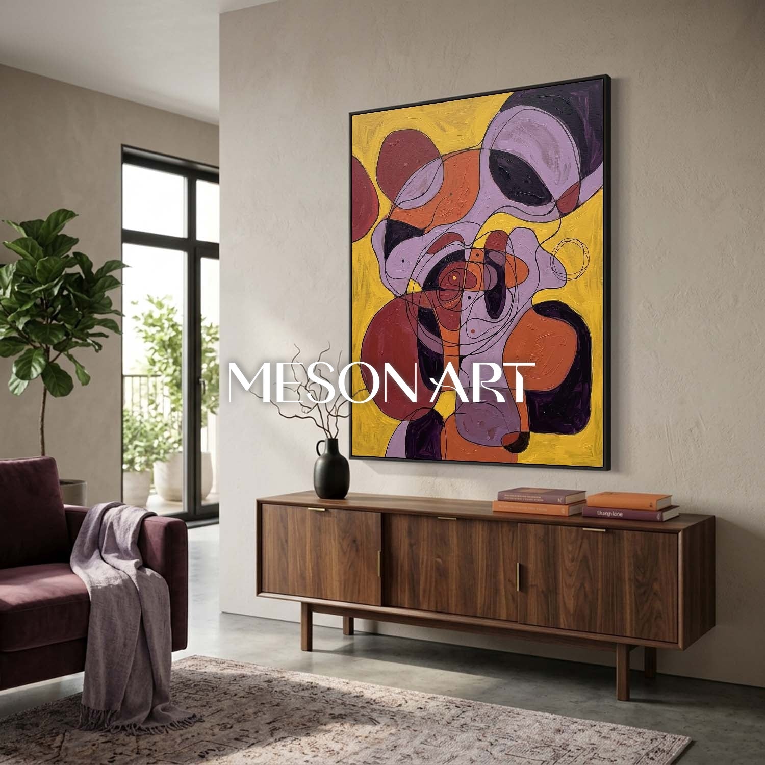 Contemporary Abstract Painting With Vibrant Yellow And Purple Hues For Modern Home Decor