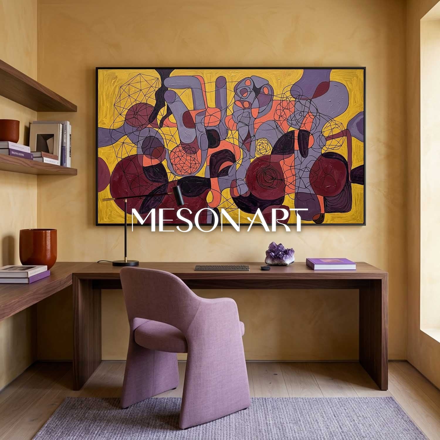 Contemporary Abstract Painting With Yellow And Purple Geometric Forms For Modern Living Room Decor
