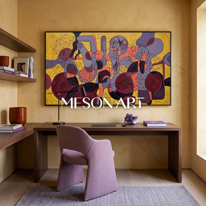 Contemporary Abstract Painting With Yellow And Purple Geometric Forms For Modern Living Room Decor