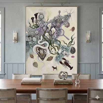 Beige Surreal Biological Hand-Painted Framed Canvas Large Art Entryway