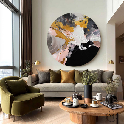 Modern Abstract Gold & Pink Round Wall Art Textured Modern Canvas Painting 