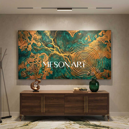 Large Green And Gold Abstract Painting With Textured Relief For Modern Living Room Decor