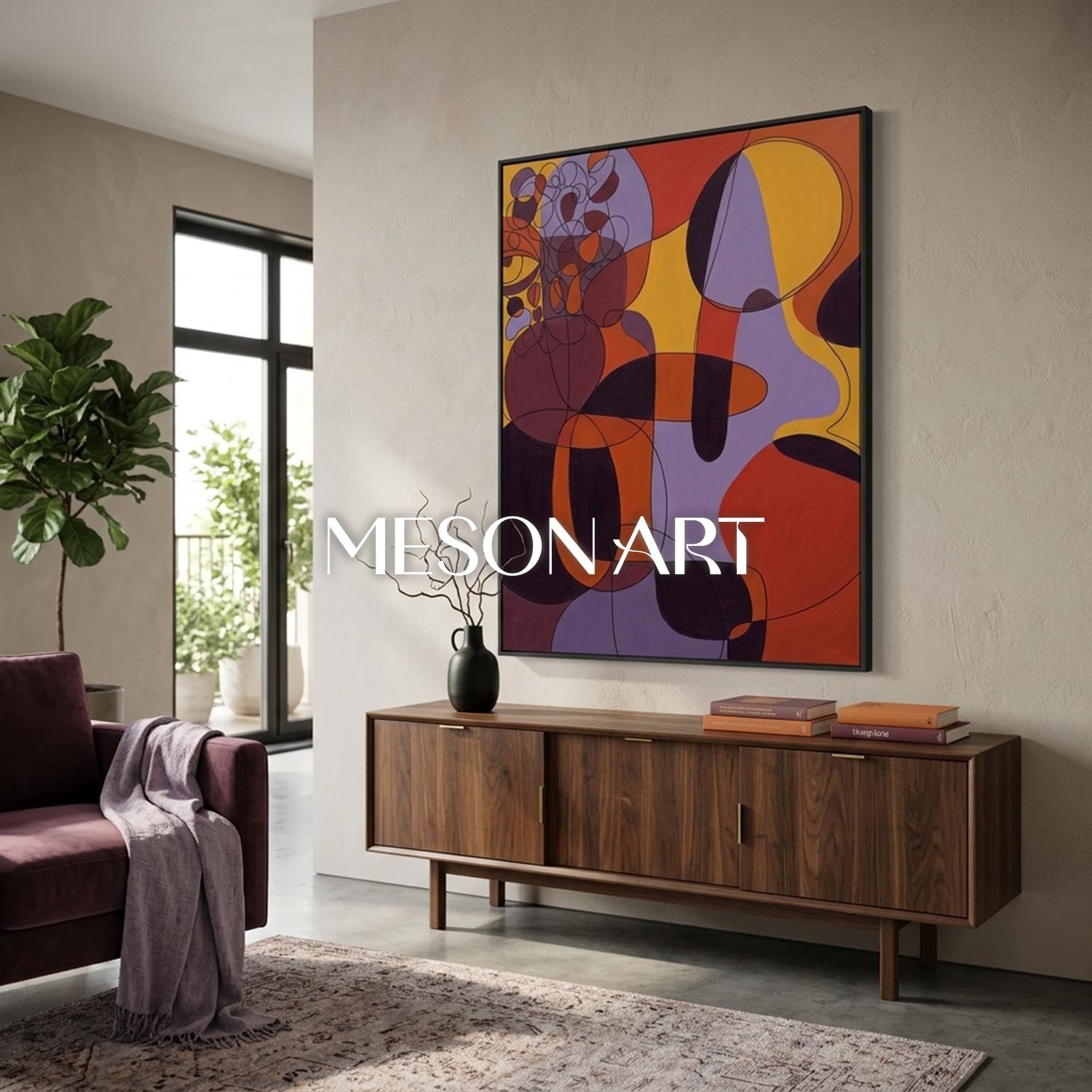 Contemporary Abstract Art With Orange And Purple For Modern Living Room Decor