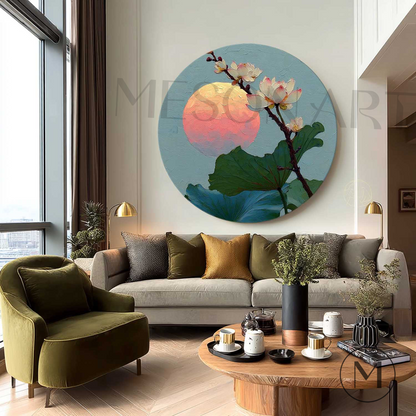 Sunset Lotus Bloom Round Art – Textured Canvas in Zen Pastel Tones Hand-Painted Canvas