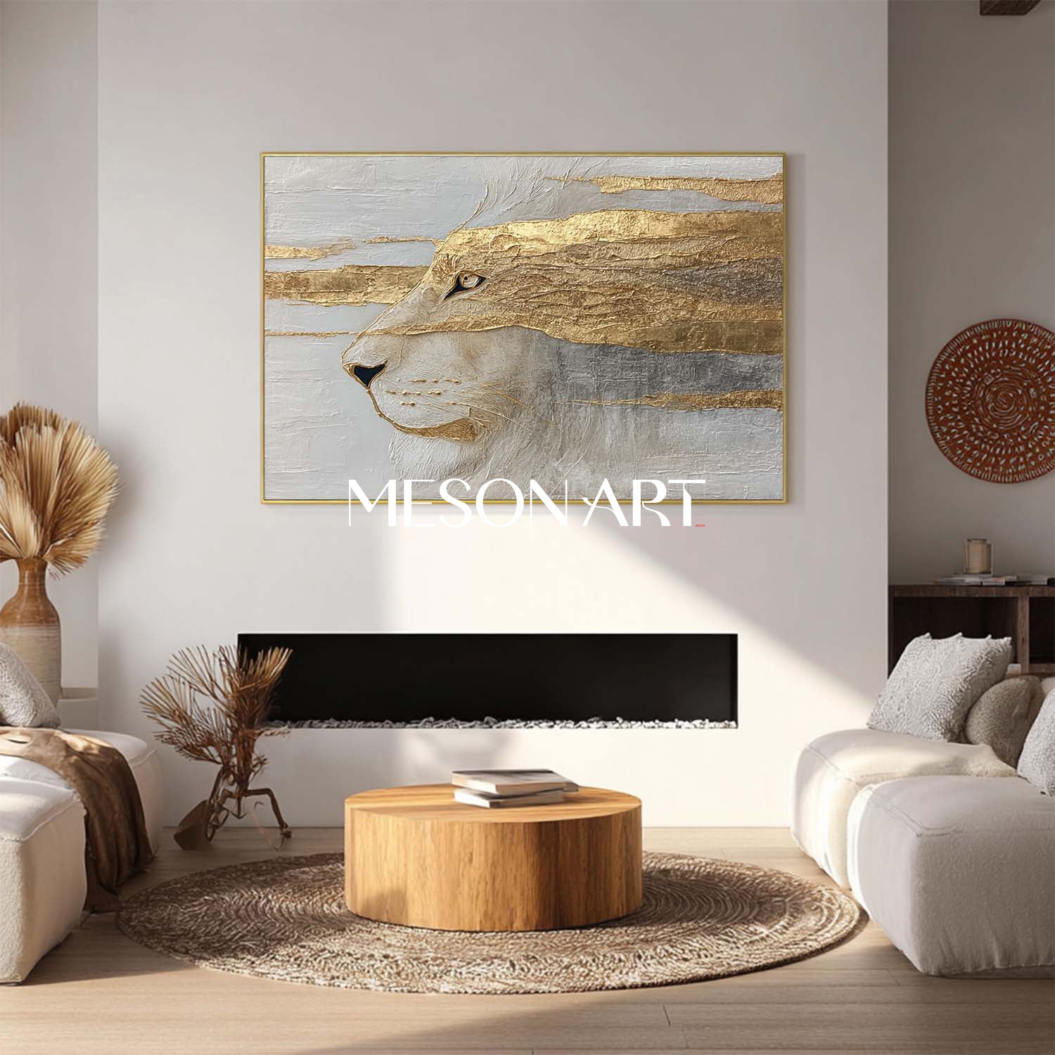 Golden Lion Abstract Painting Textured Animal Canvas Wall Art for Living Room