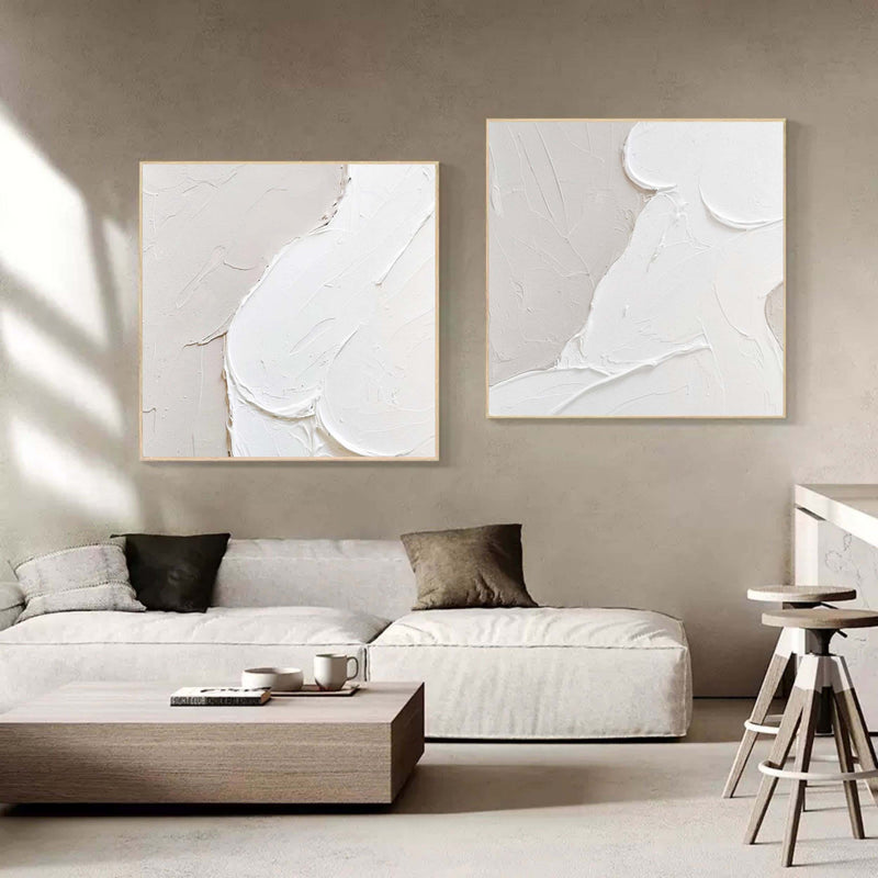 White Abstract Nude Painting Set of 2 White Textured Abstract Art Canvas White Minimalist Painting