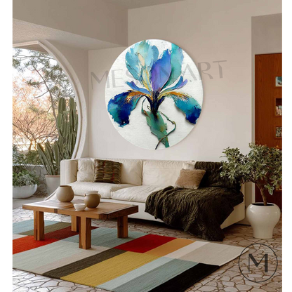 3D Iris Oil Painting on Round Canvas – Colorful Modern Wall Art for Spring Decor