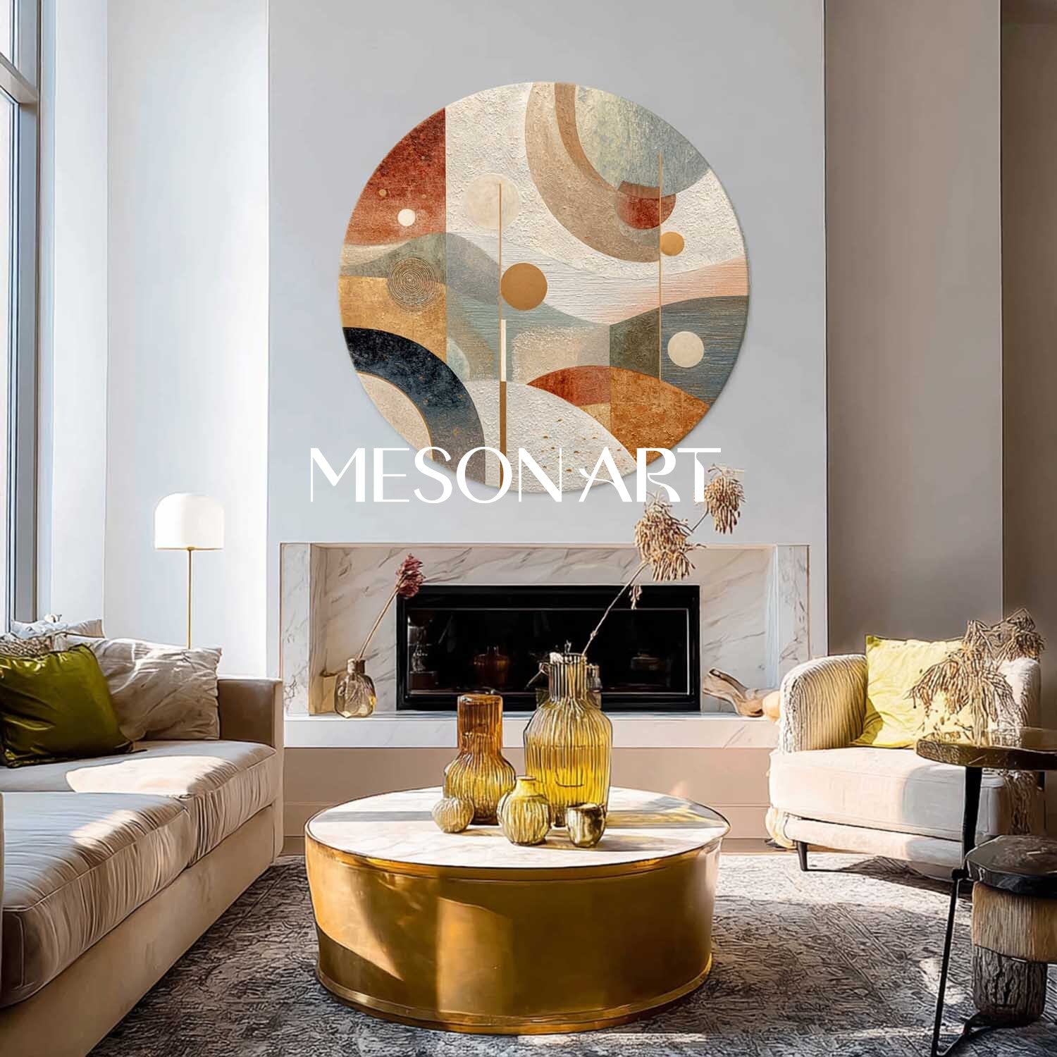 Bold Modern Round Abstract Wall Art – Red, Gold & Green Textured Canvas