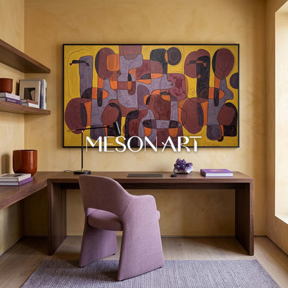 Contemporary Abstract Art Painting With Amber And Burgundy Tones For Modern Living Room Decor