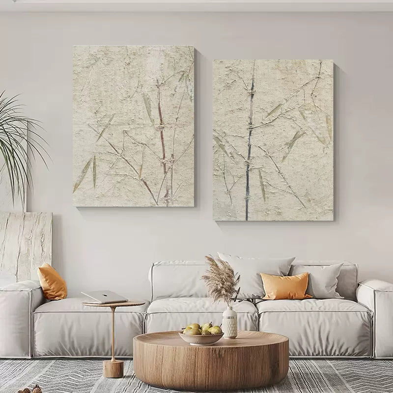 Wabi Sabi Wall Art Set Of 2 Beige Minimalist Art On Canvas Beige Texture Painting Bamboo Painting