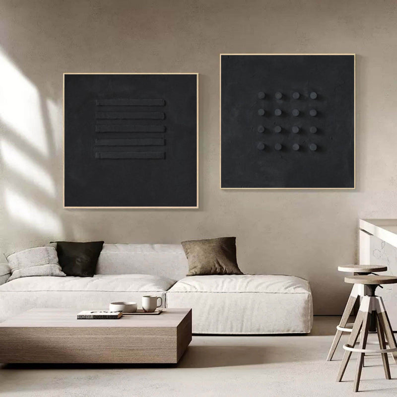 3D Black Textured Abstract Canvas Art Set of 2 Wabi Sabi Wall Art Black Minimalist Painting for Sale