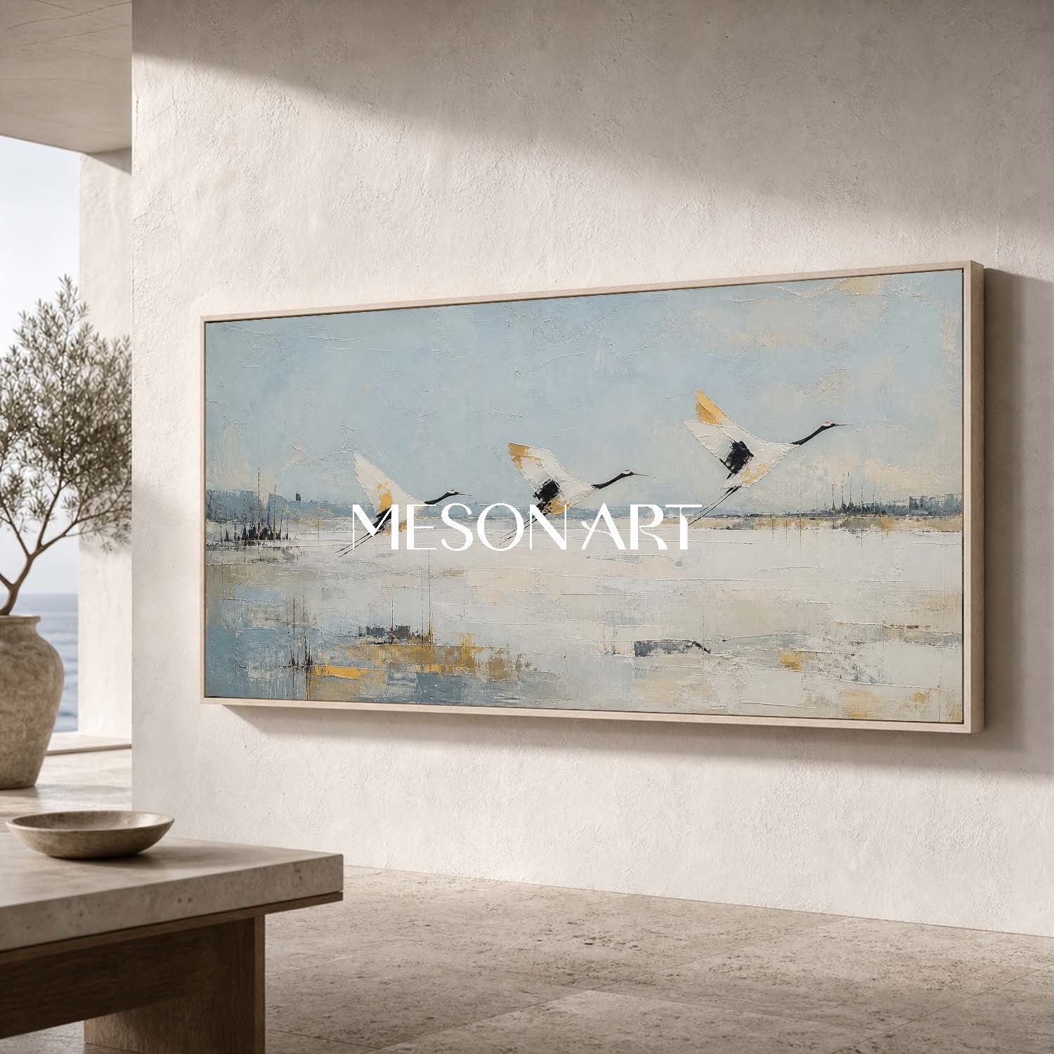 Minimalist Crane Landscape Painting Abstract Blue White Wall Art For Modern Living Room Bedroom Decor