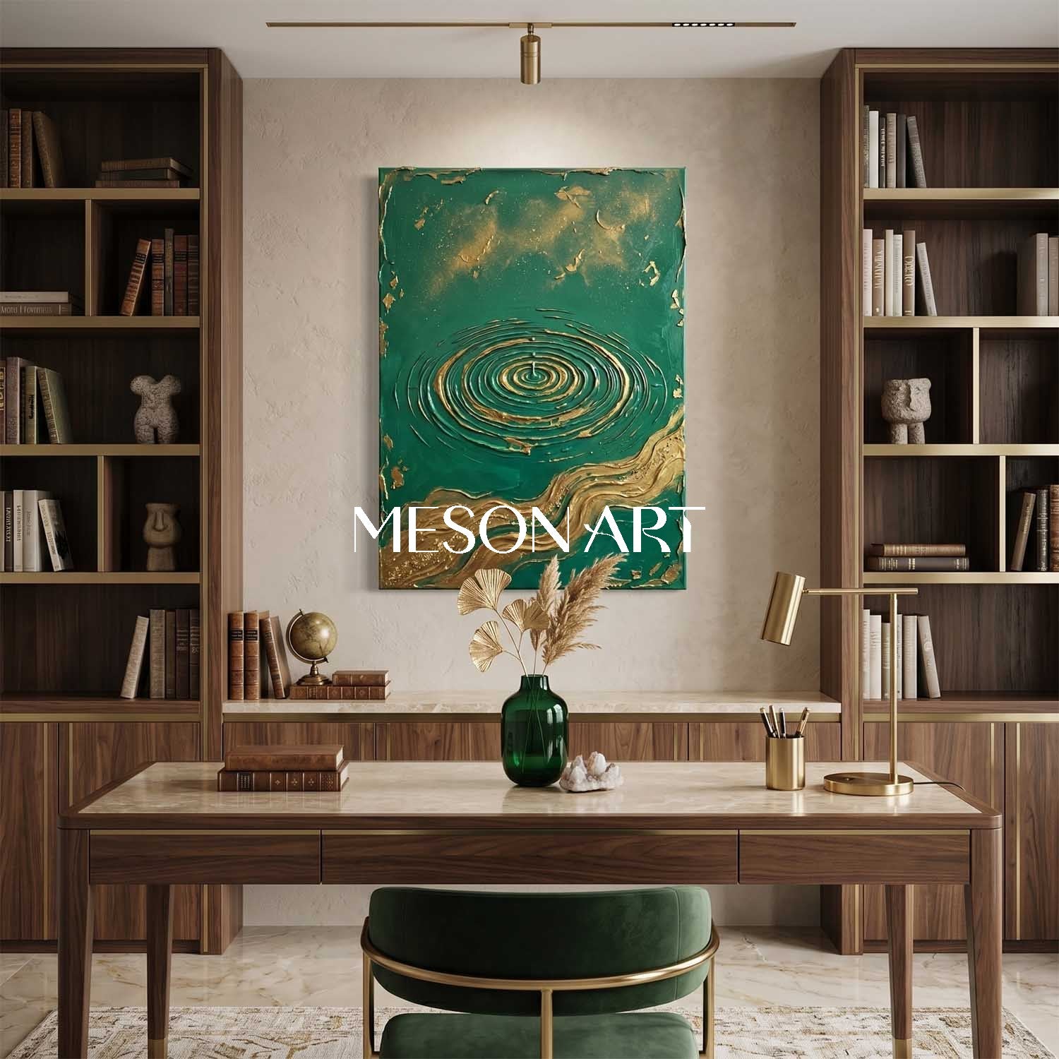 Luxury Emerald Green And Gold Art Deco Painting With Textured Relief For Modern Living Room Decor
