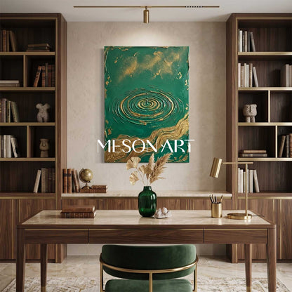 Luxury Emerald Green And Gold Art Deco Painting With Textured Relief For Modern Living Room Decor