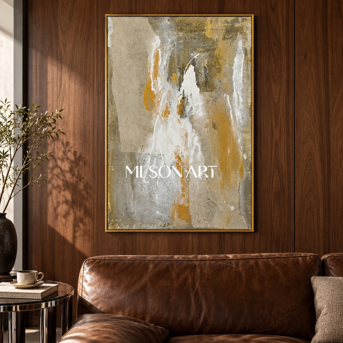 Beige And Gold Abstract Art Original Artist Hand Painted Mixed Media Textured Painting Rectangular Wall Art For Living Room By Mesonart