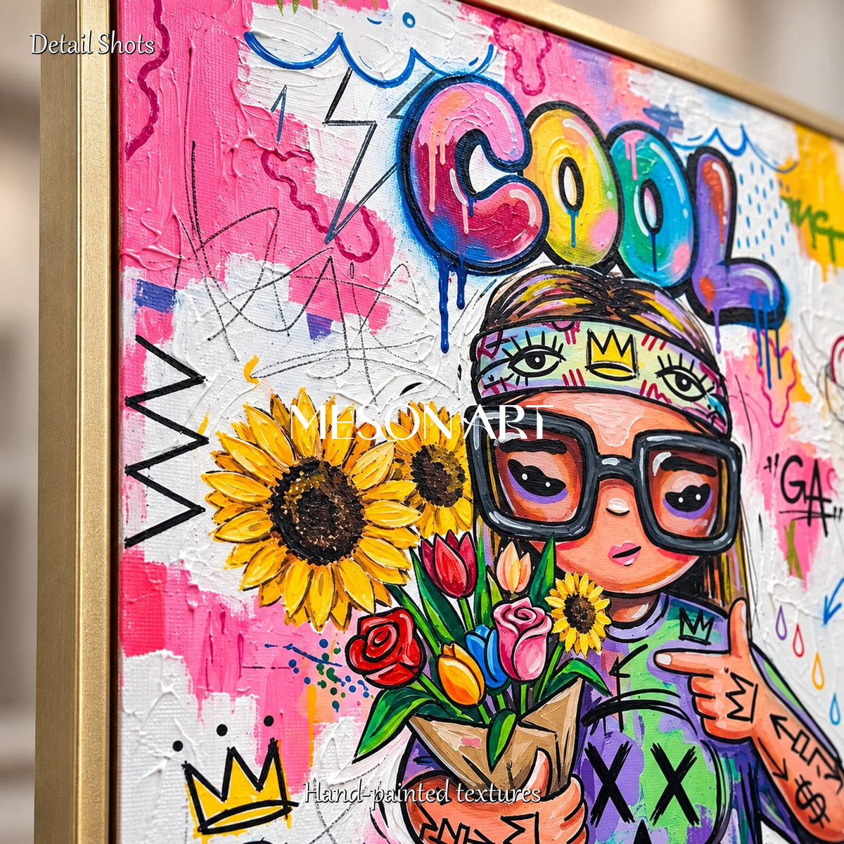 Pink And Yellow Graffiti Art Cool Girl Painting Rectangular Wall Decor For Living Room By Mesonart