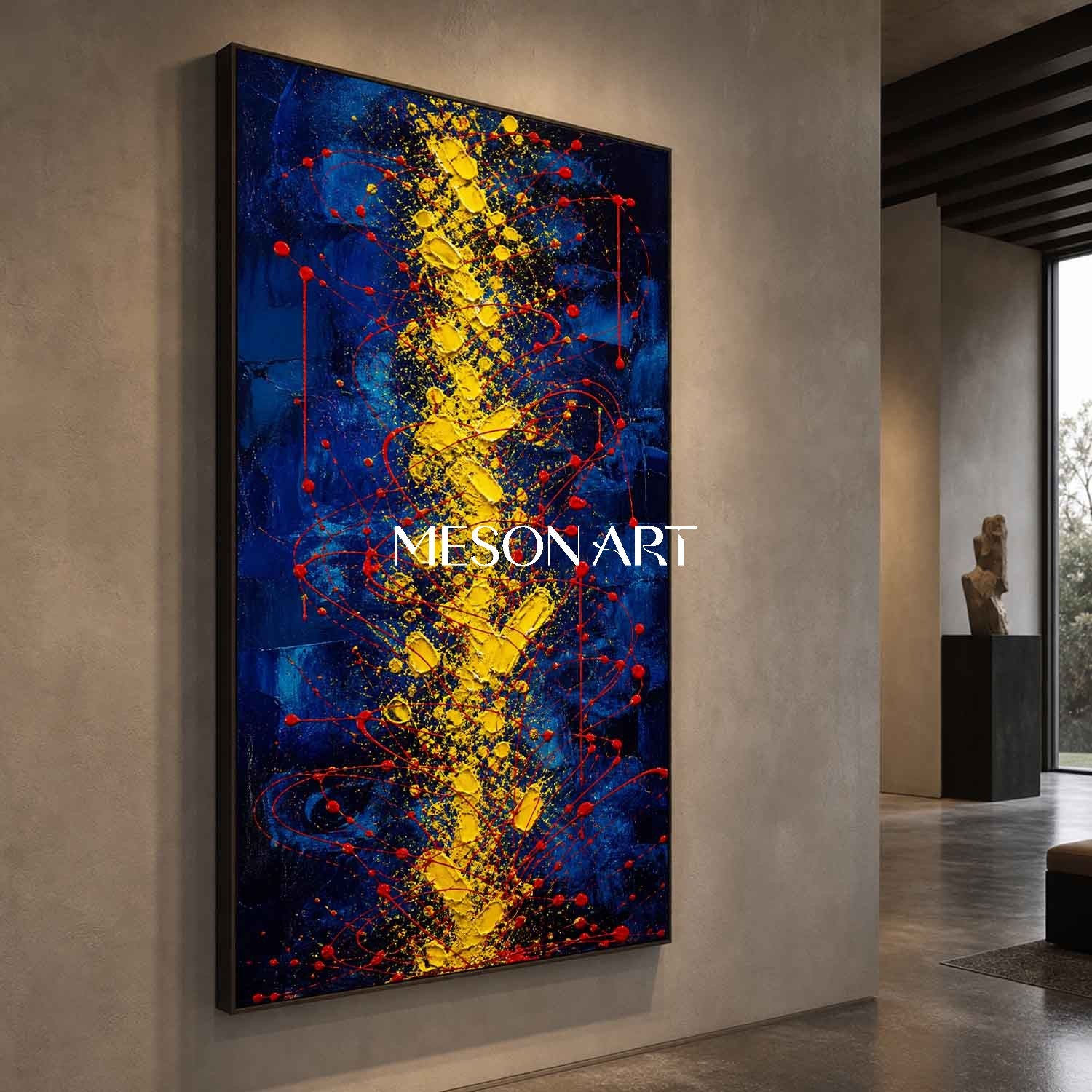Blue And Gold Abstract Painting With Red Splatter Texture For Modern Living Room Decor