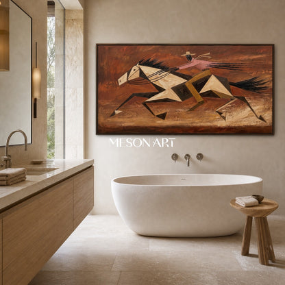 Abstract Geometric Horse Racing Painting With Textured Relief For Modern Living Room Decor