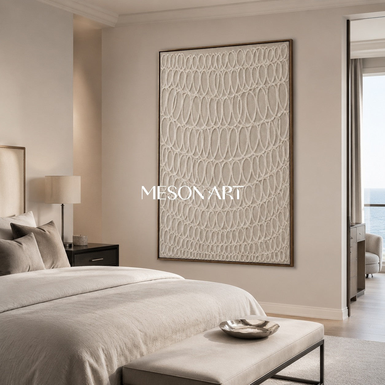 Beige Plaster Relief Art With Oval Pattern For Modern Living Room Decor