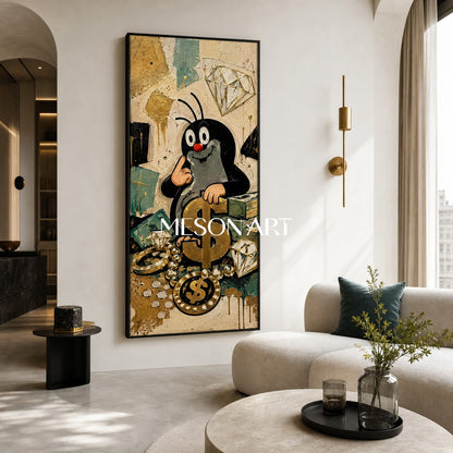 Cartoon Mole Graffiti Art With Gold Dollar Signs For Modern Living Room Decor