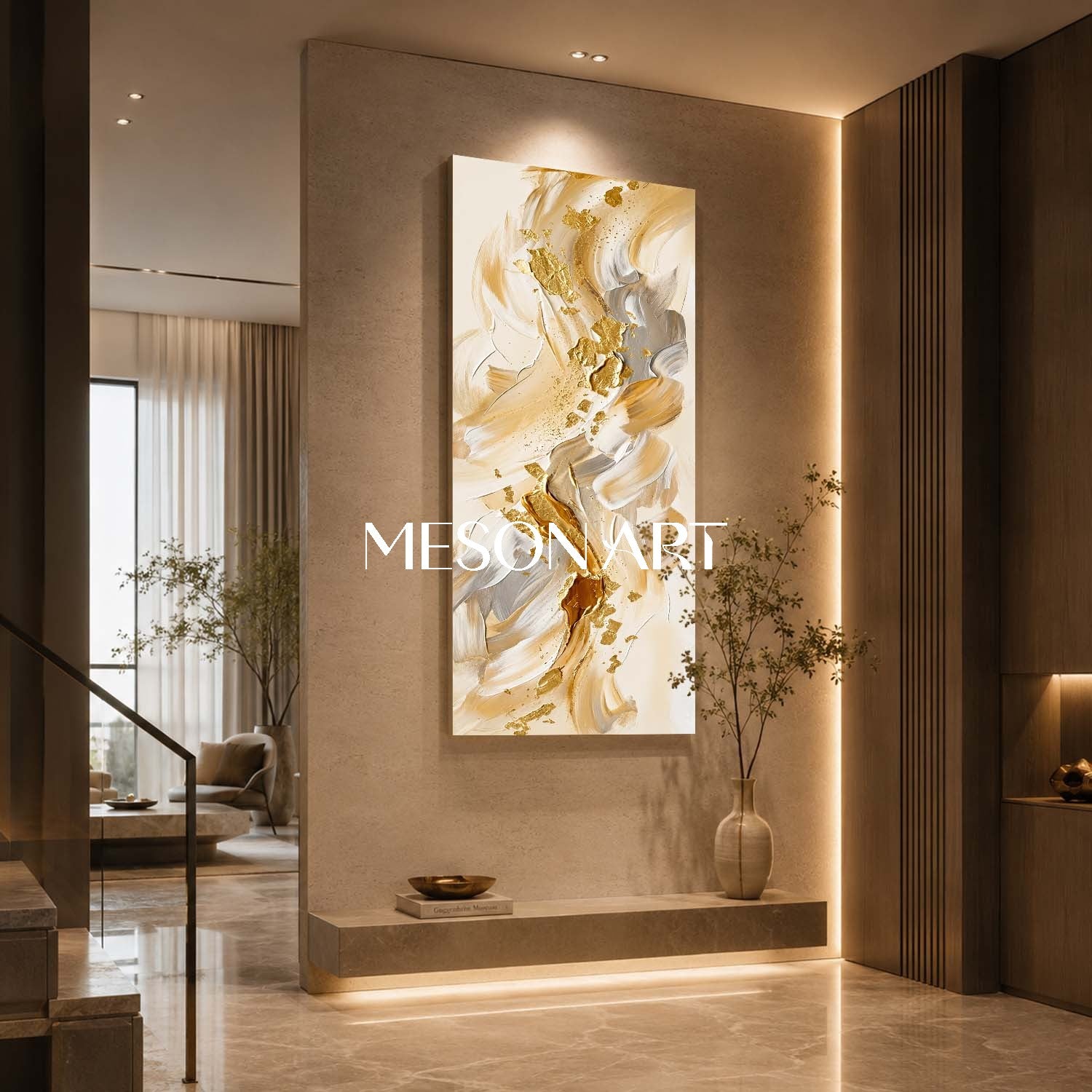 Gilded Fluid Harmony Abstract Painting With Gold Leaf For Modern Living Room Entryway Decor