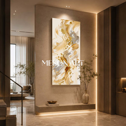 Gilded Fluid Harmony Abstract Painting With Gold Leaf For Modern Living Room Entryway Decor