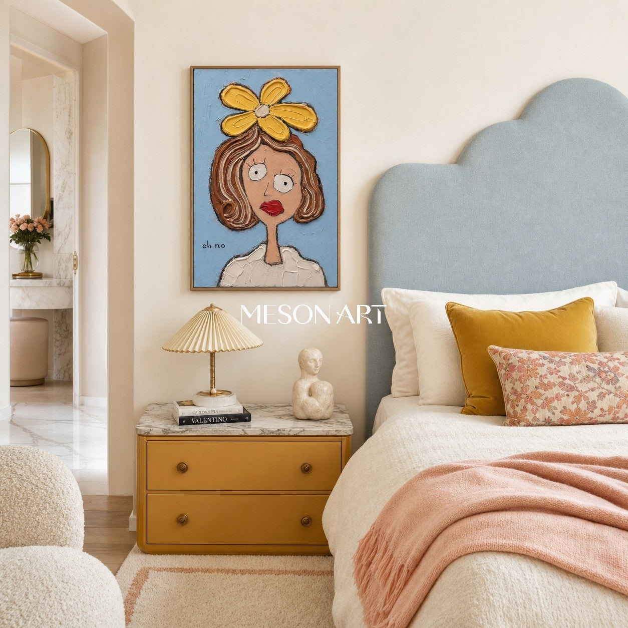 Pop Art Cartoon Portrait With Yellow Flower And Blue Background For Modern Living Room Decor