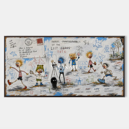 Blue And White Graffiti Narrative Figurative Cartoon Panoramic Wall Art For Living Room By Mesonart