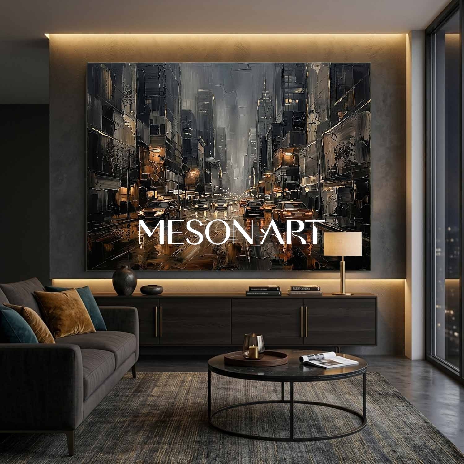 Abstract City Street Painting With Plaster Texture For Industrial Loft Living Room