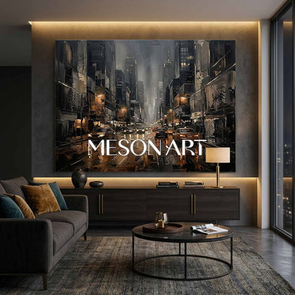 Abstract City Street Painting With Plaster Texture For Industrial Loft Living Room