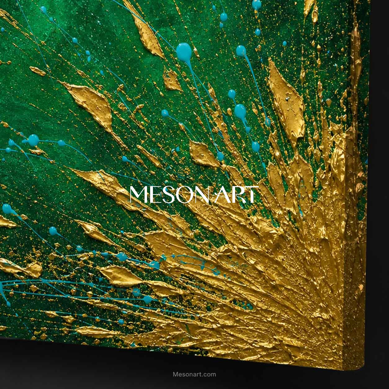 Green And Gold Abstract Painting With Fluid Motion Texture For Living Room Decor