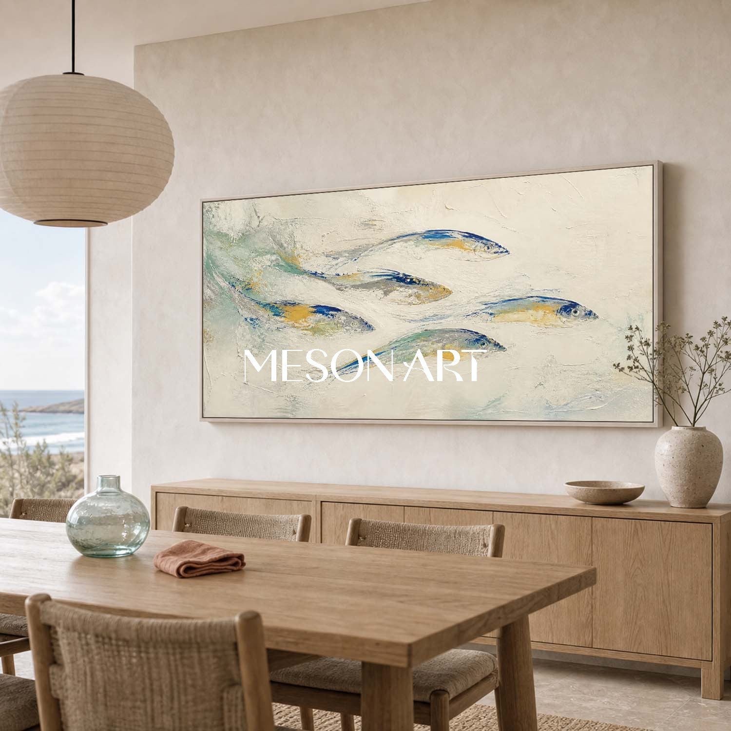 Abstract Blue Fish Painting On Linen Canvas With Textured Finish For Coastal Living Room Decor